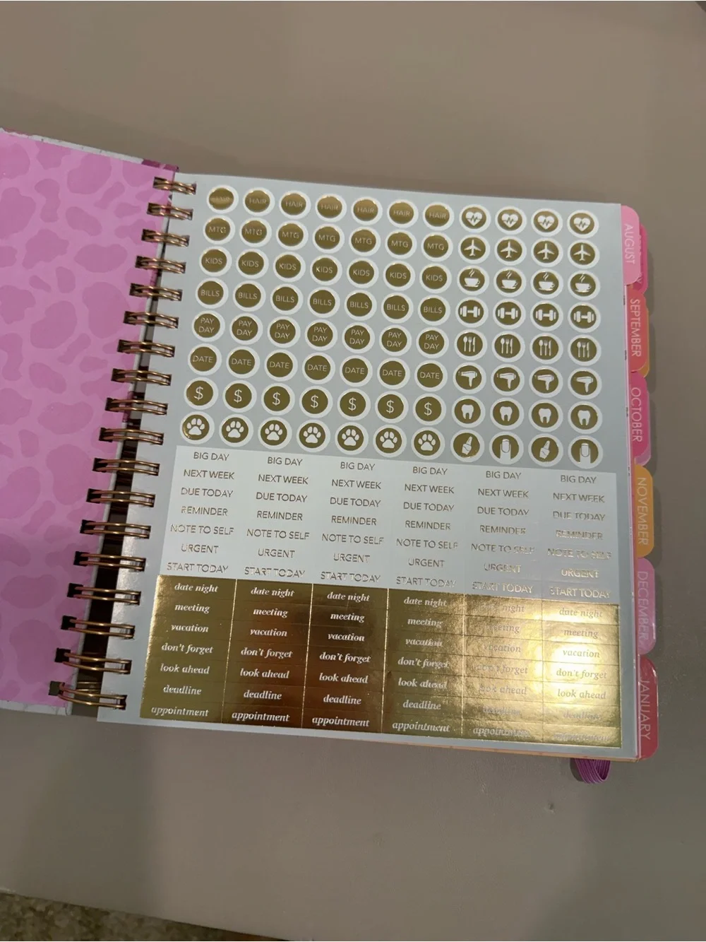17 month, Aug 2026 - Dec 2027 Pink Western Weekly Planner with gold stickers